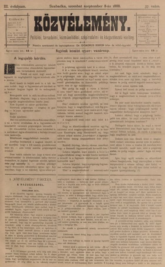 Közvélemény, 3. évf. 1888. szeptember 8. 37. sz.