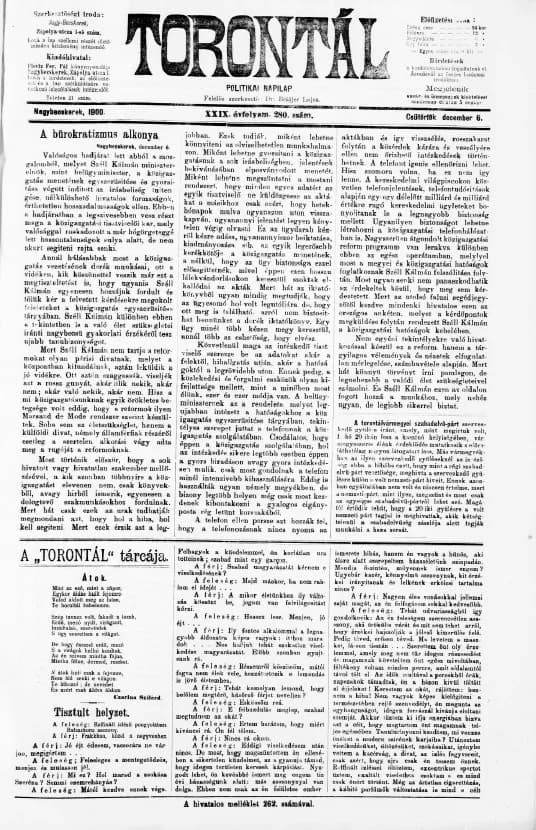 Torontál, 29. évf. 1900. december 6. 280. sz.