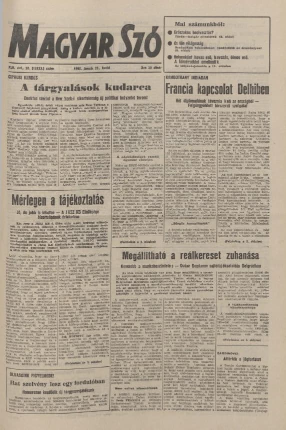 Magyar Szó, 42. évf. 1985. január 22. 20. sz. 1–20. oldal