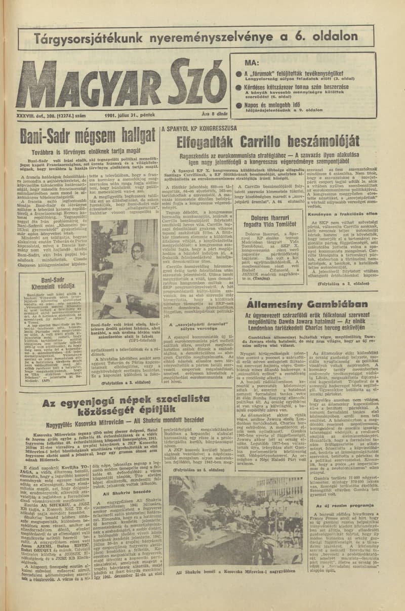 Magyar Szó, 38. évf. 1981. július 31. 208. sz.