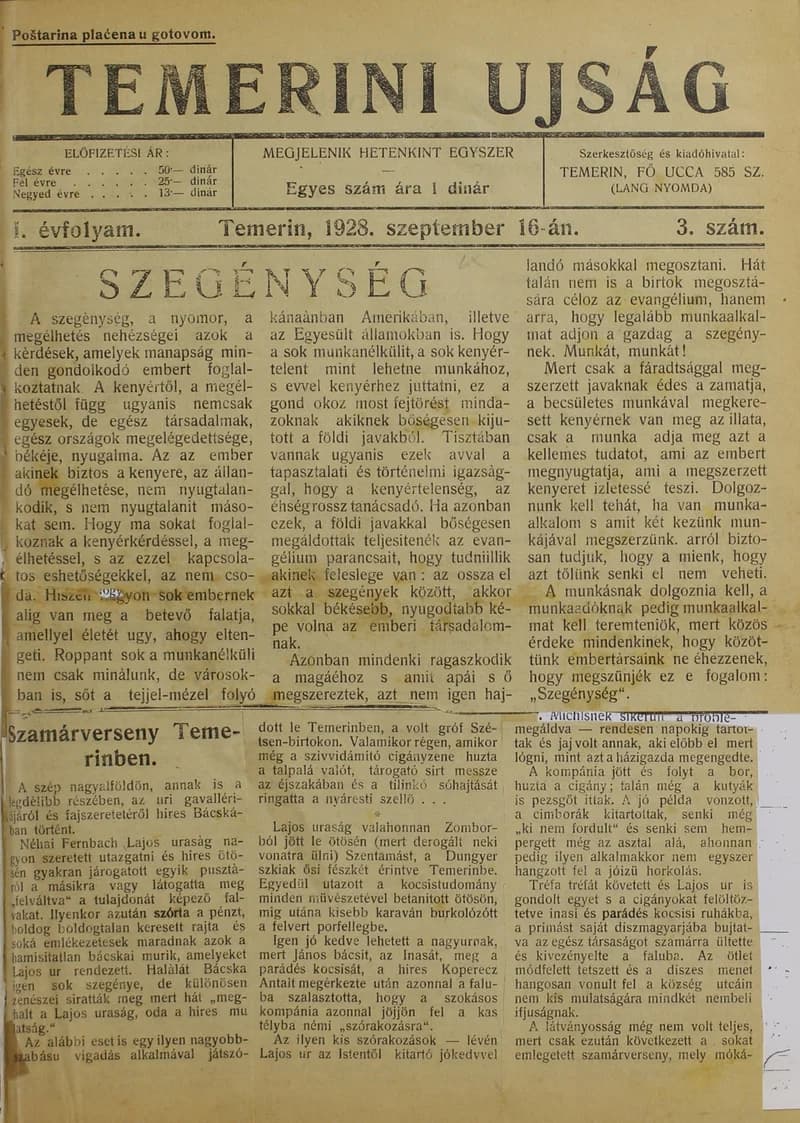 Temerini Újság 1928-1944, 1. évf. 1928. szeptember 16. 3. sz.