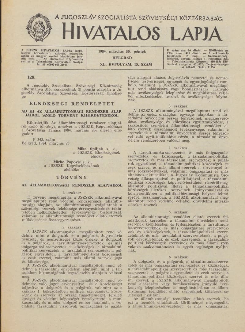 A Jugoszláv Szocialista Szövetségi Köztársaság Hivatalos Lapja, 40. évf. 1984. március 30. 15. sz. 447–466. oldal