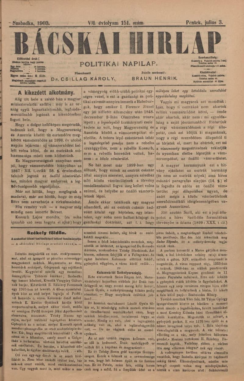 Bácskai Hirlap, 7. évf. 1903. július 3. 151. sz.