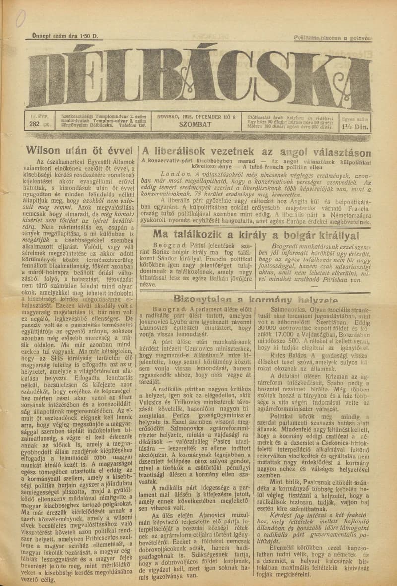 Délbácska, 4. évf. 1923. december 8. 282. sz.