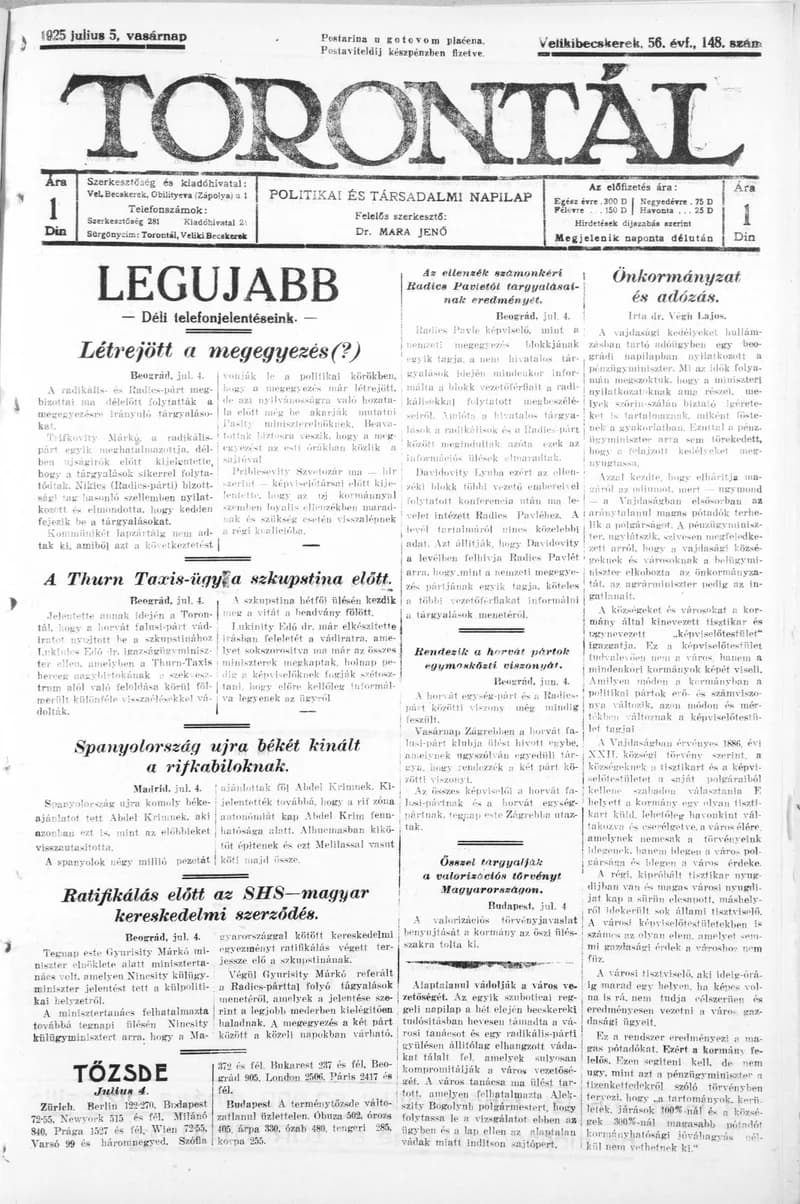 Torontál, 54. évf. 1925. július 5. 148. sz.