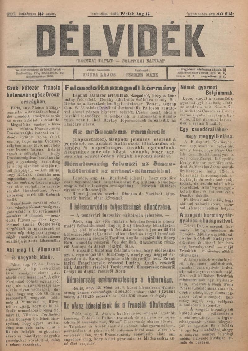 Délvidék, 13. évf. 1919. augusztus 15. 162. sz.