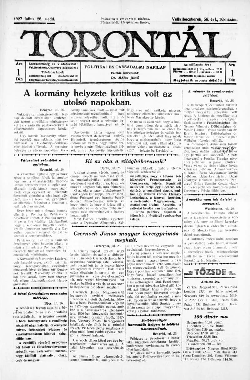 Torontál, 56. évf. 1927. július 26. 168. sz.
