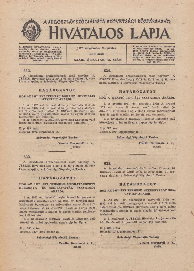 A Jugoszláv Szocialista Szövetségi Köztársaság Hivatalos Lapja, 33. évf. 1977. szeptember 23. 47. sz. 1789–1804. oldal