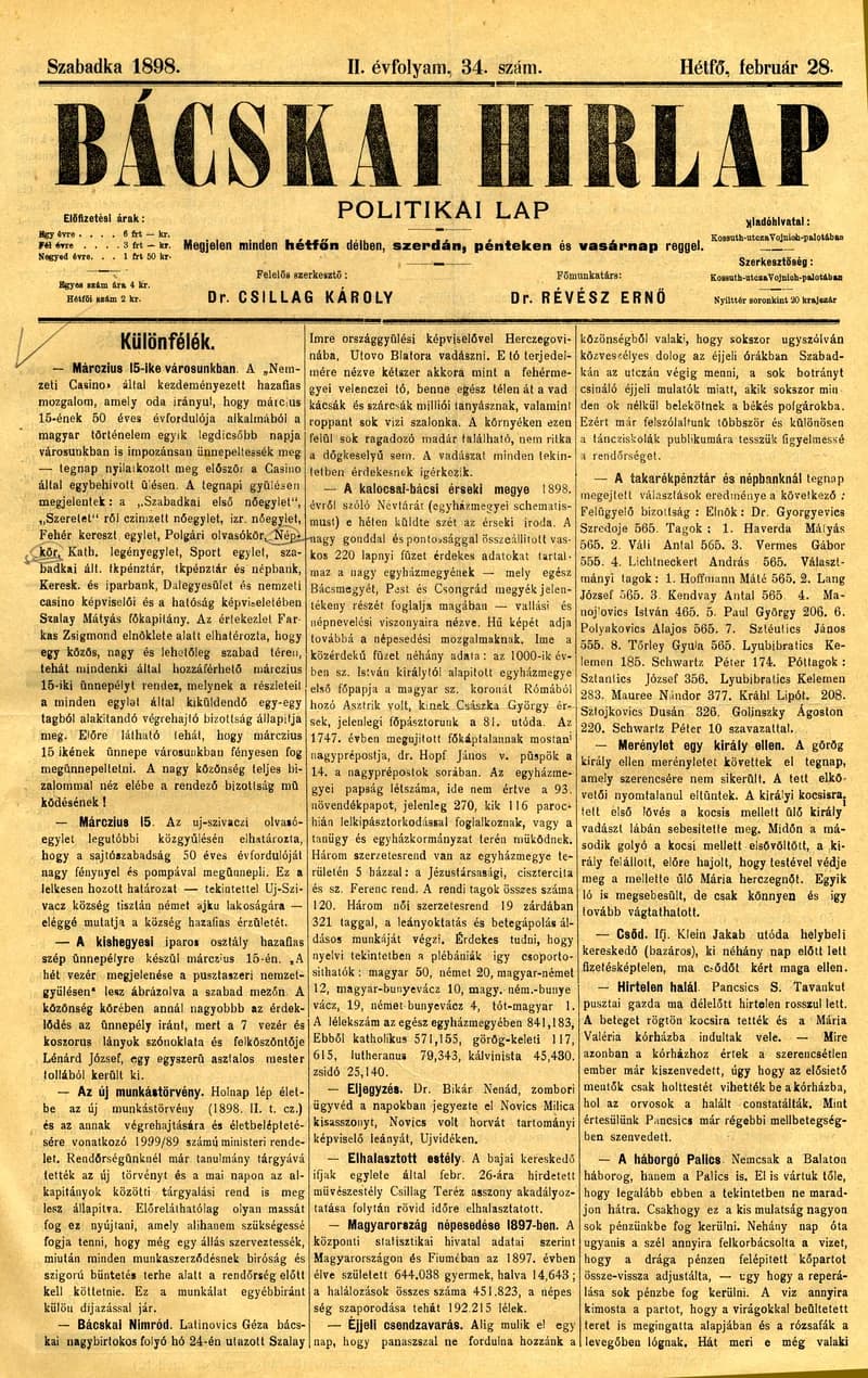 Bácskai Hirlap, 2. évf. 1898. február 28. 34. sz. 1–2. oldal
