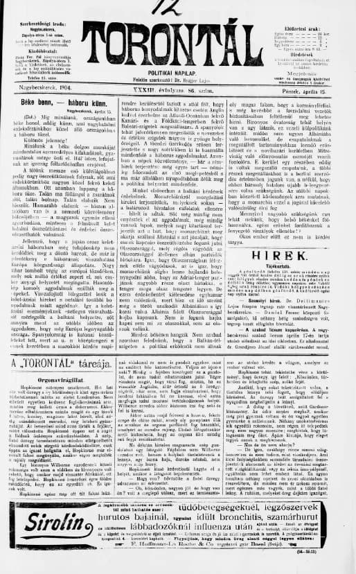 Torontál, 33. évf. 1904. április 15. 86. sz.