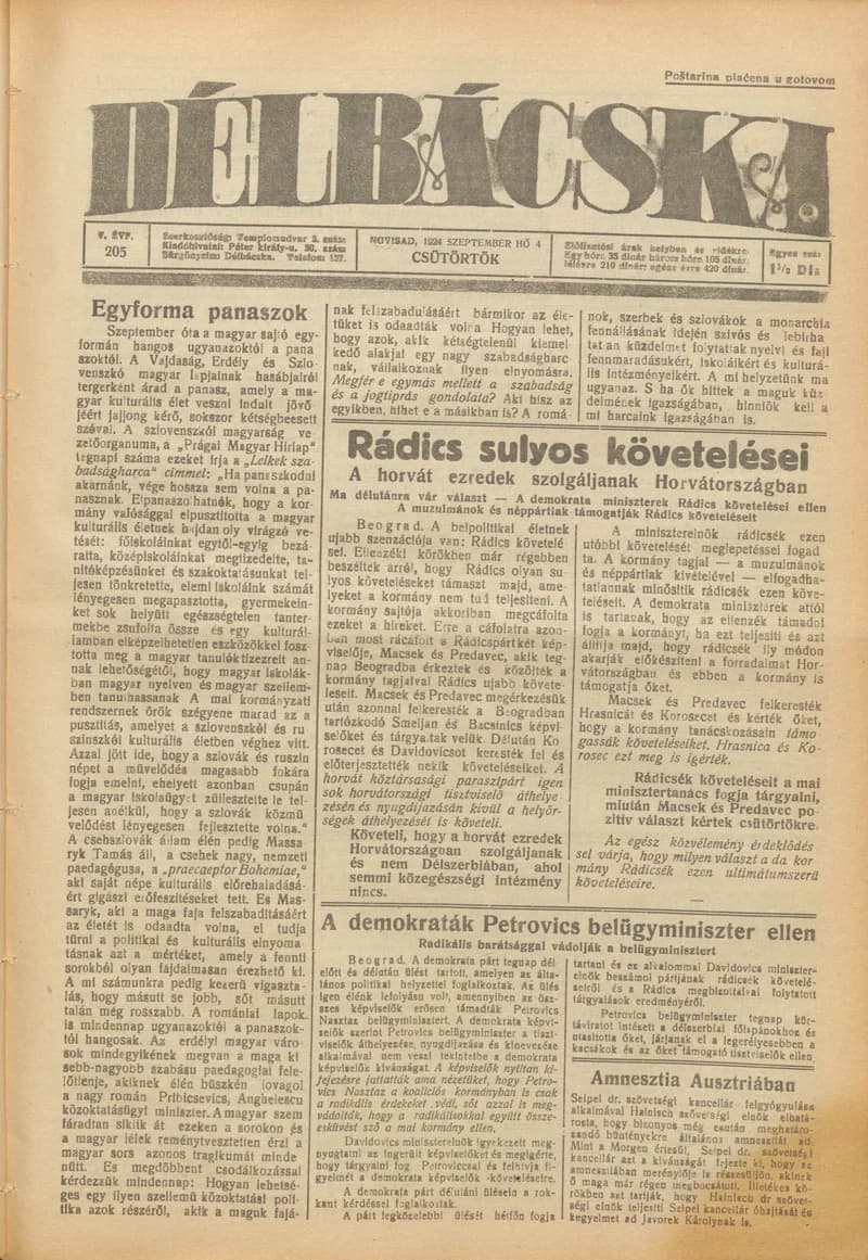 Délbácska, 5. évf. 1924. szeptember 4. 205. sz.