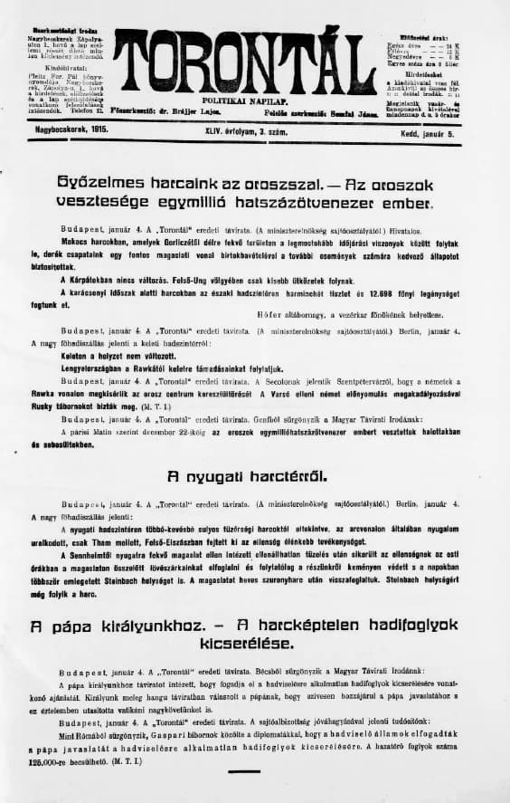 Torontál, 44. évf. 1915. január 5. 3. sz.