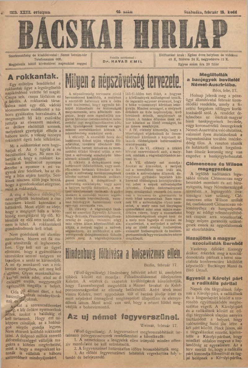 Bácskai Hirlap, 23. évf. 1919. február 18. 40. sz.
