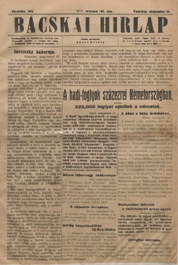 Bácskai Hirlap, 18. évf. 1914. szeptember 13. 207. sz.