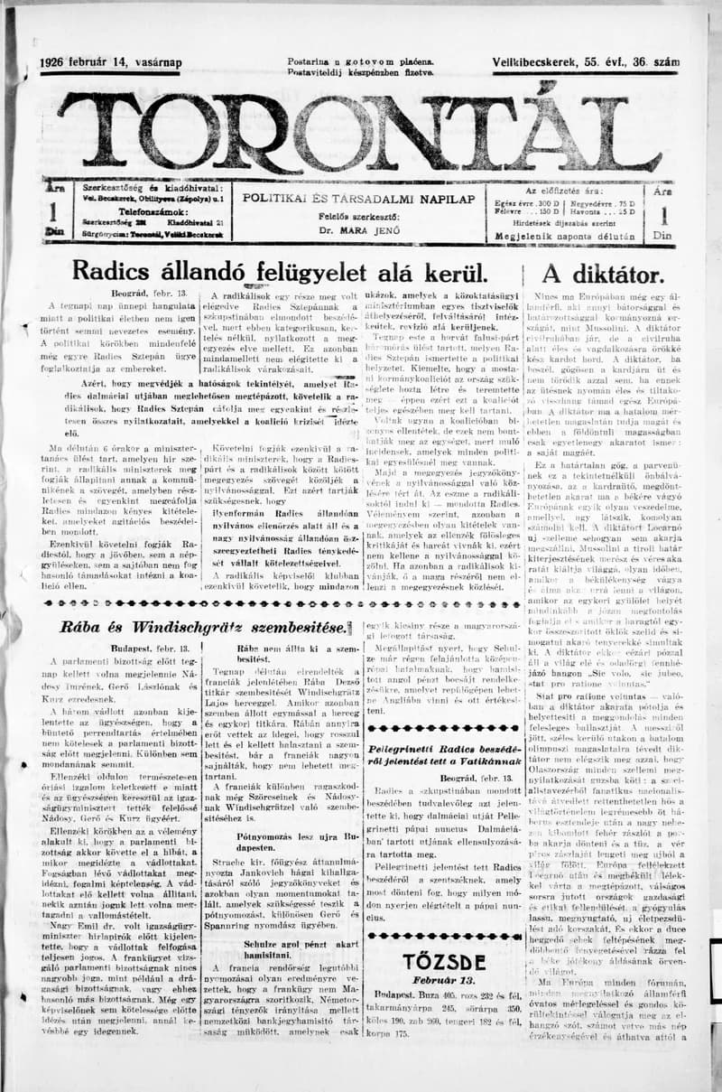 Torontál, 55. évf. 1926. február 14. 36. sz.