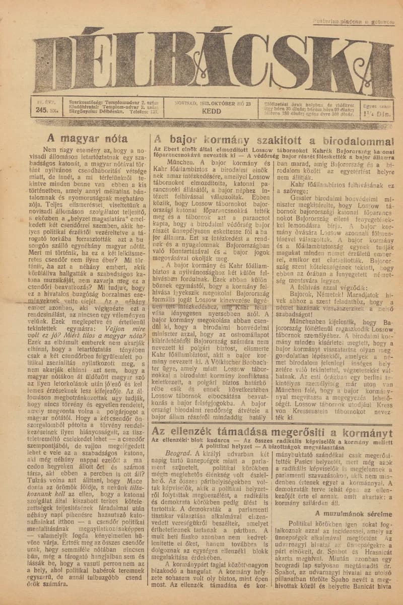Délbácska, 4. évf. 1923. október 23. 244. sz.