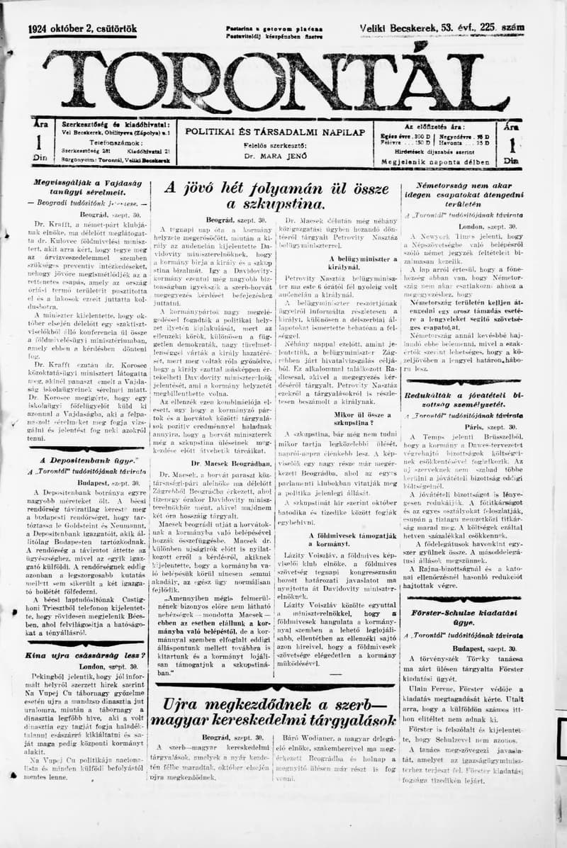 Torontál, 53. évf. 1924. október 2. 225. sz.