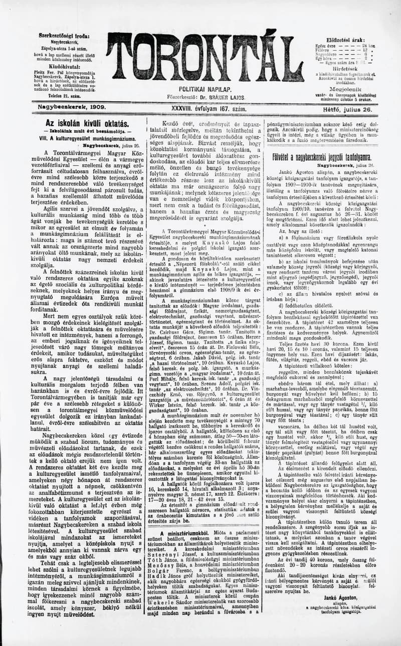 Torontál, 38. évf. 1909. július 26. 167. sz.