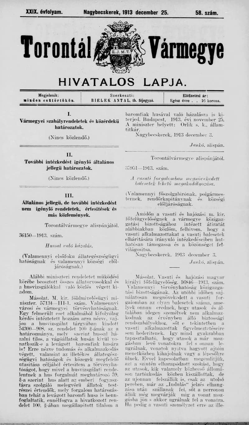 Torontál Vármegye Hivatalos Lapja, 29. évf. 1913. december 25. 58. sz.