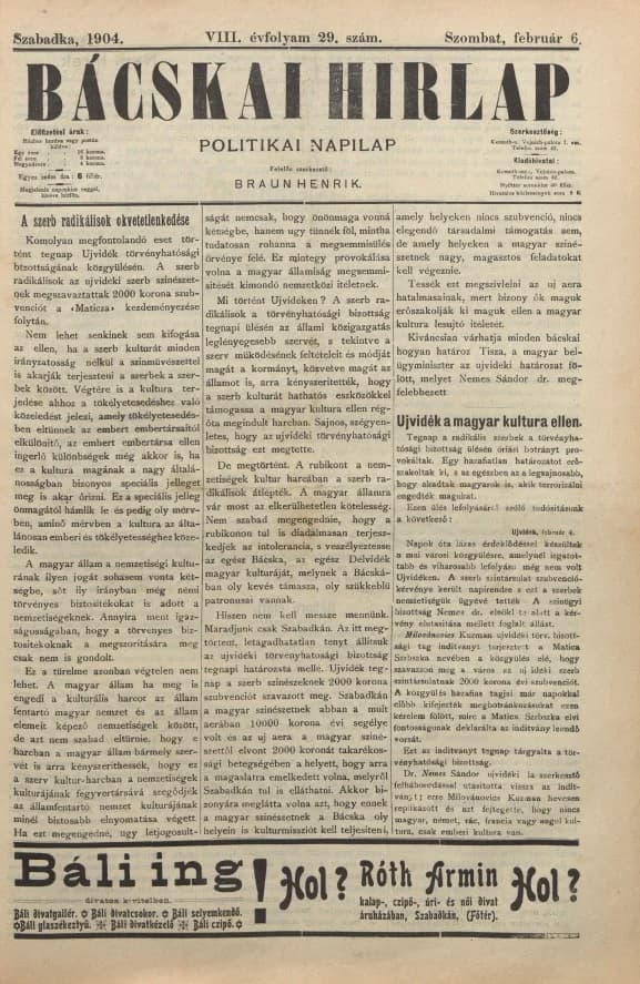Bácskai Hirlap, 8. évf. 1904. február 6. 29. sz.