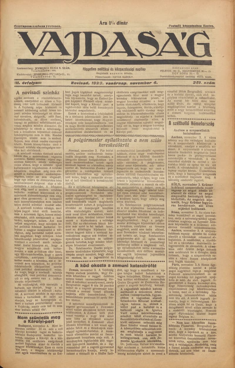 Vajdaság, 3. évf. 1923. november 4. 251. sz.