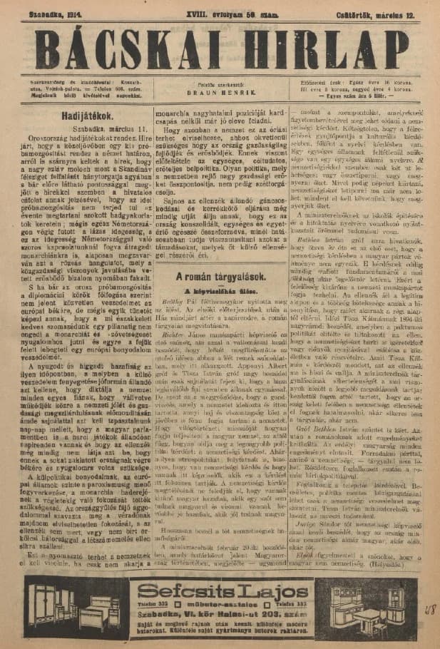 Bácskai Hirlap, 18. évf. 1914. március 12. 58. sz.