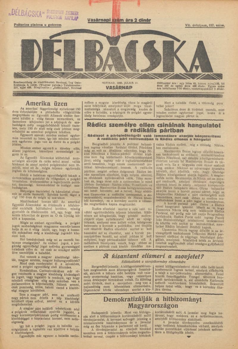 Délbácska, 7. évf. 1926. július 11. 157. sz.