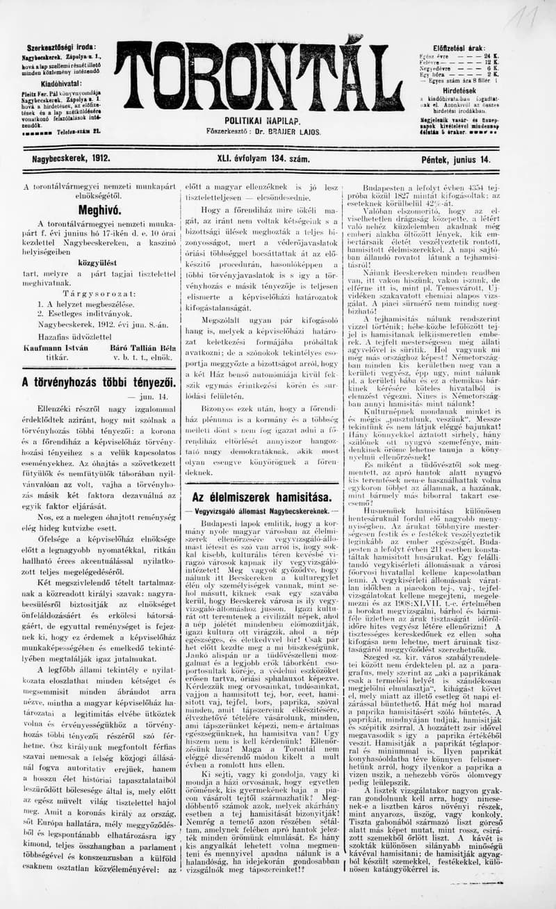 Torontál, 41. évf. 1912. június 14. 134. sz.