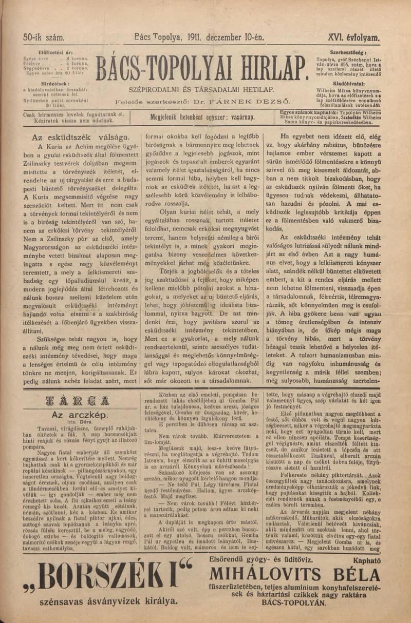 Bács-Topolyai Hirlap, 16. évf. 1911. december 10. 50. sz.