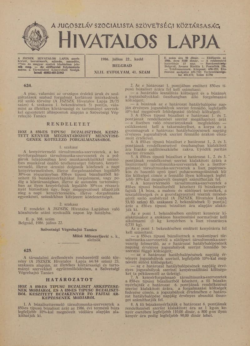 A Jugoszláv Szocialista Szövetségi Köztársaság Hivatalos Lapja, 42. évf. 1986. július 22. 41. sz. 1237–1244. oldal