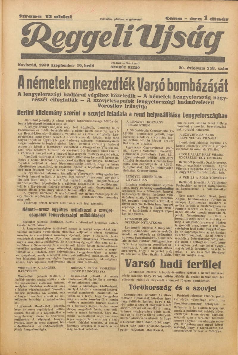 Reggeli Újság, 20. évf. 1939. szeptember 19. 258. sz.