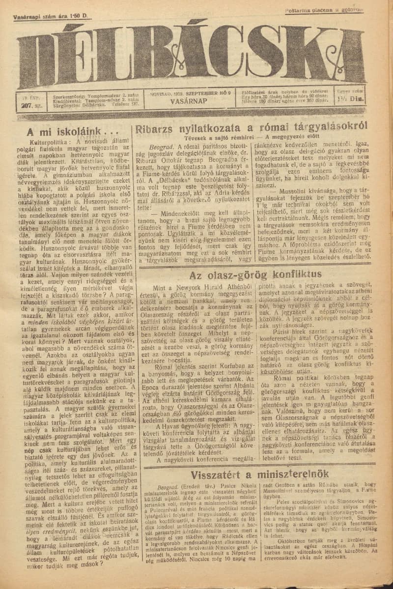 Délbácska, 4. évf. 1923. szeptember 9. 207. sz.