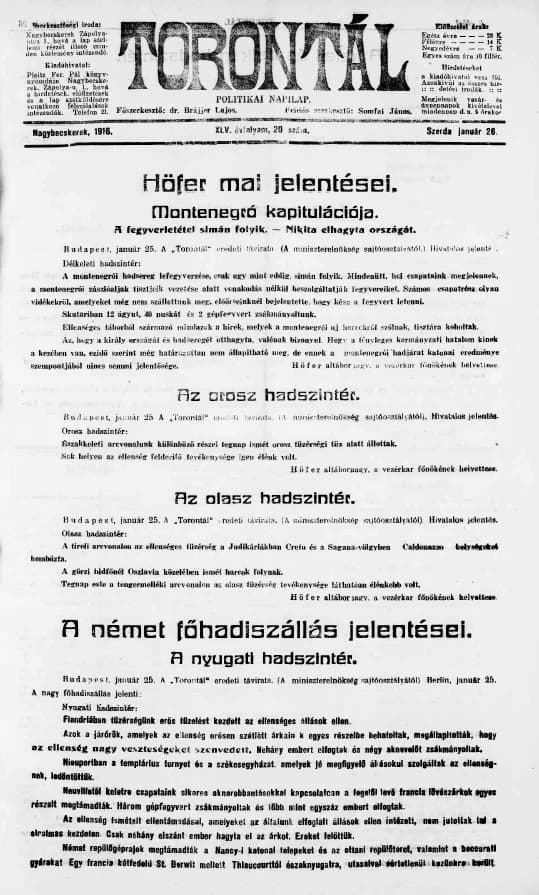 Torontál, 45. évf. 1916. január 26. 20. sz.