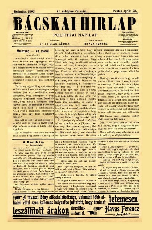 Bácskai Hirlap, 6. évf. 1902. április 25. 72. sz.