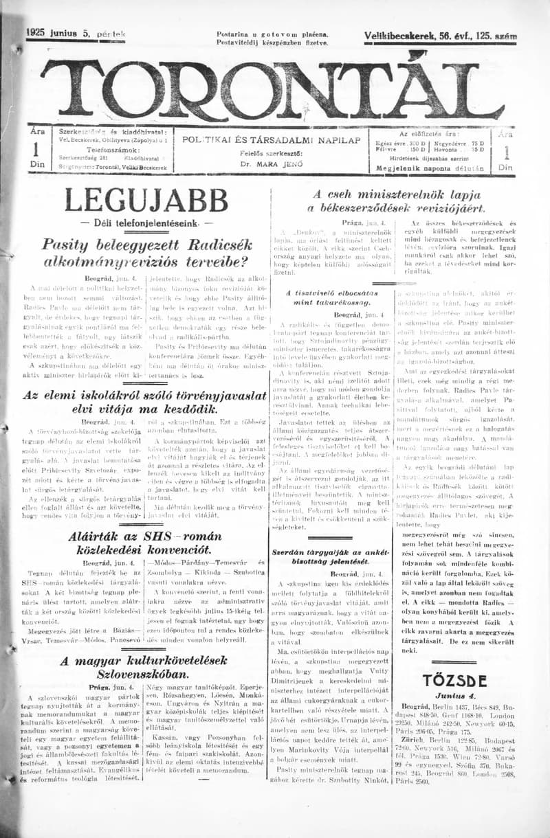 Torontál, 54. évf. 1925. június 5. 125. sz.