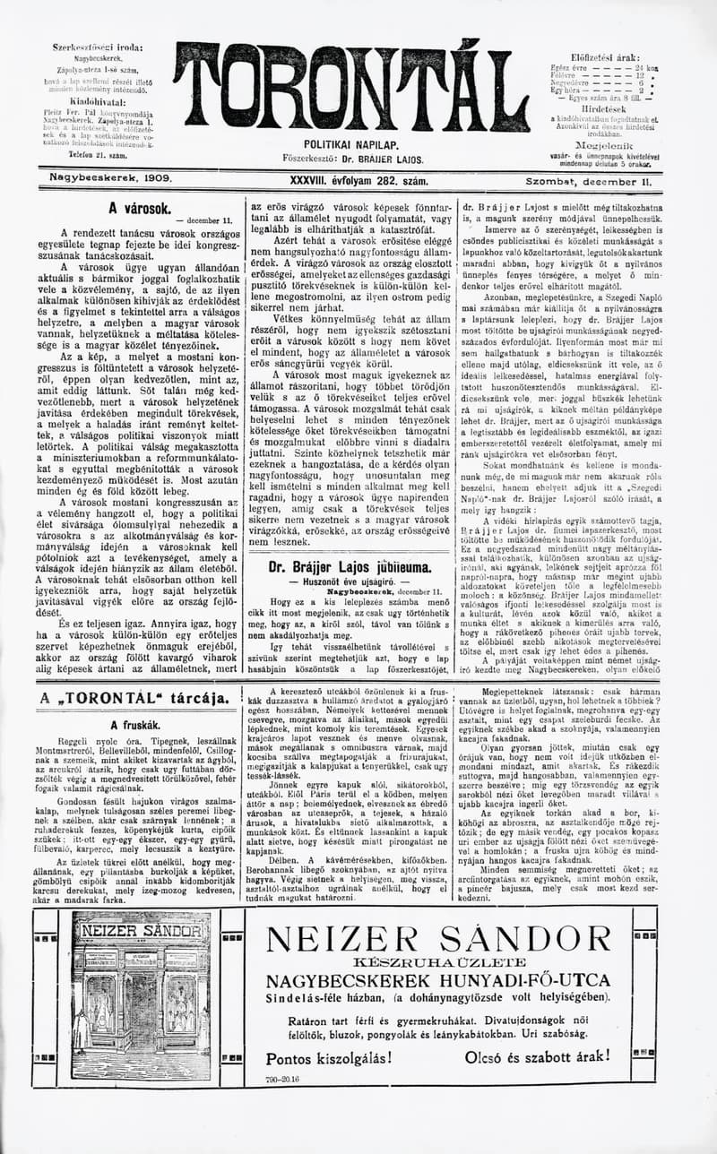 Torontál, 38. évf. 1909. december 11. 282. sz.