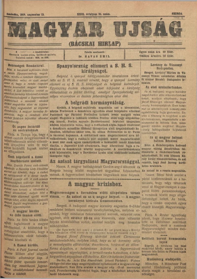 Bácskai Hirlap, 23. évf. 1919. augusztus 13. 51. sz.
