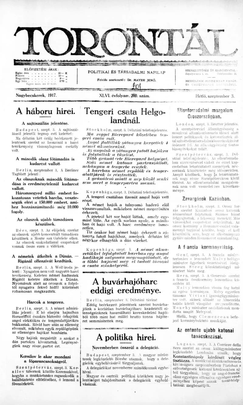 Torontál, 46. évf. 1917. szeptember 3. 201. sz.