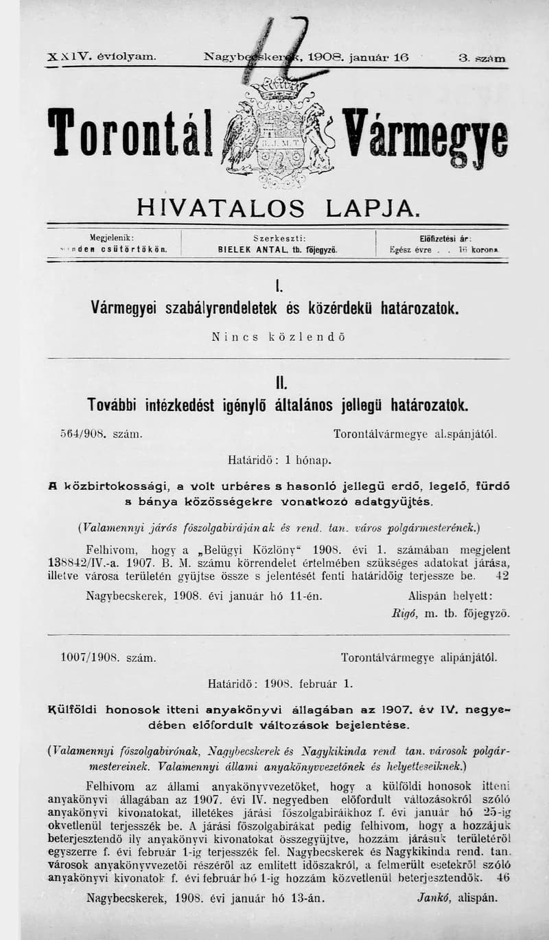 Torontál Vármegye Hivatalos Lapja, 24. évf. 1908. január 16. 3. sz.