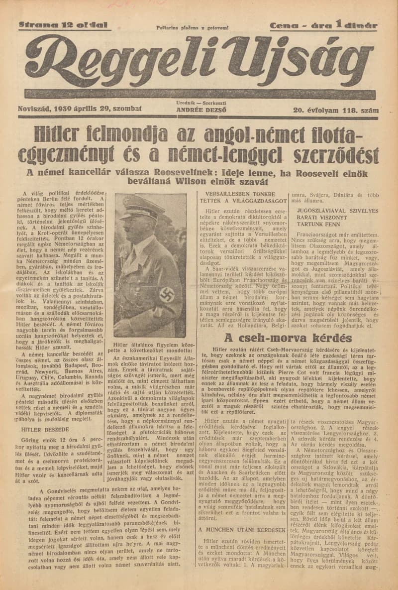 Reggeli Újság, 20. évf. 1939. április 29. 118. sz.