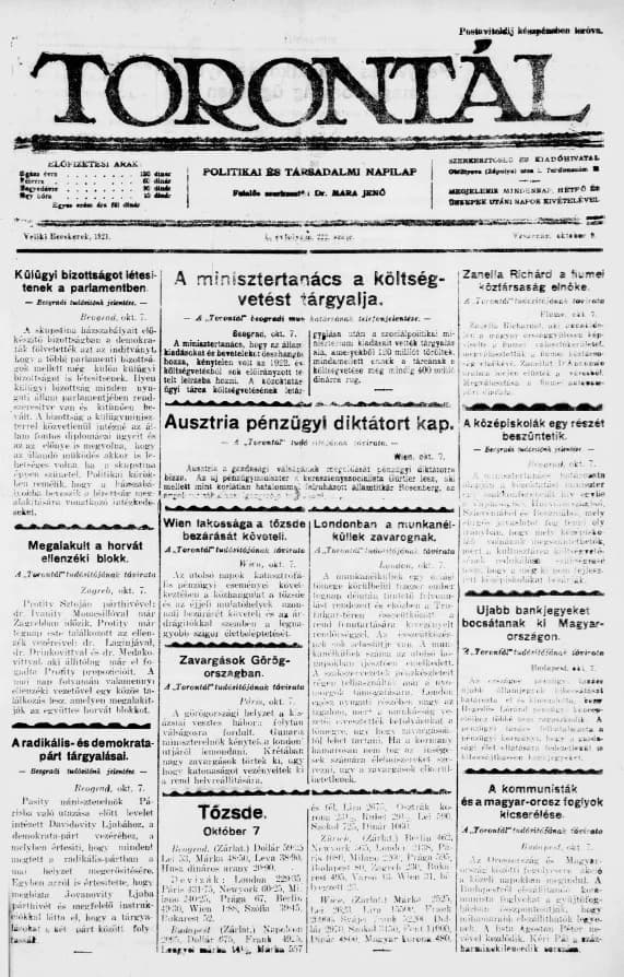 Torontál, 50. évf. 1921. október 9. 222. sz.