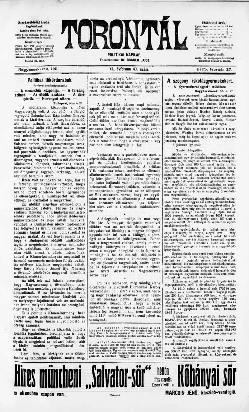 Torontál, 40. évf. 1911. február 27. 47. sz.