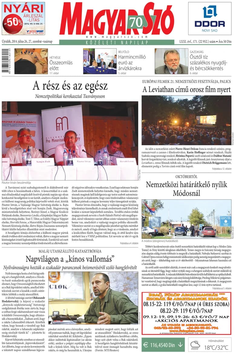 Magyar Szó, 71. évf. 2014. július 26. – 27. 171. sz. 1–32. oldal
