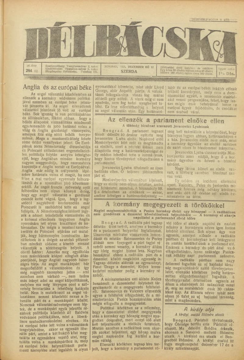 Délbácska, 4. évf. 1923. december 12. 284. sz.
