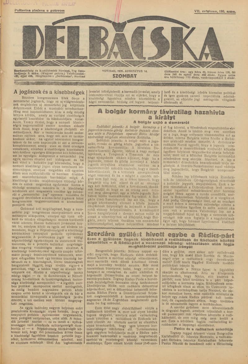 Délbácska, 7. évf. 1926. augusztus 14. 186. sz.