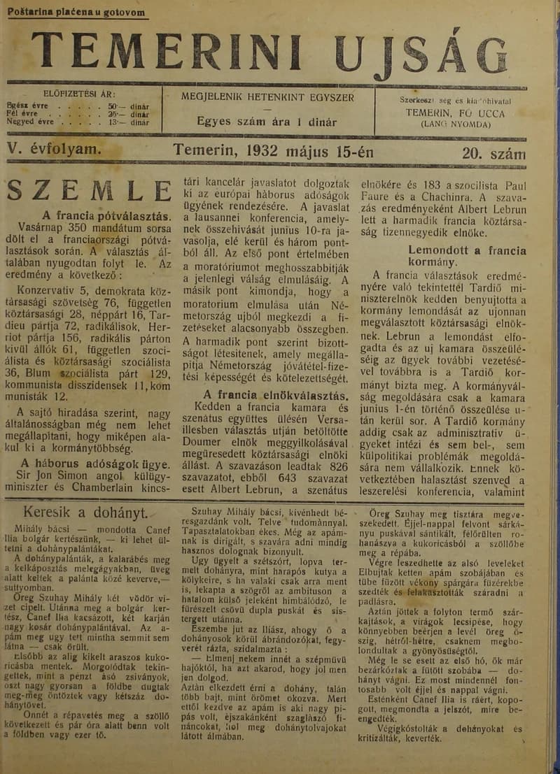 Temerini Újság 1928-1944, 5. évf. 1932. május 15. 20. sz.