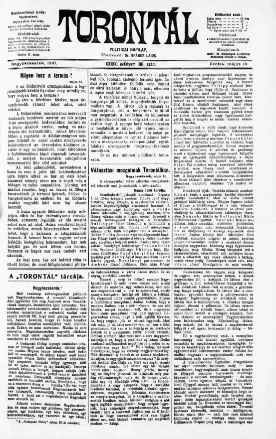 Torontál, 39. évf. 1910. május 13. 108. sz.