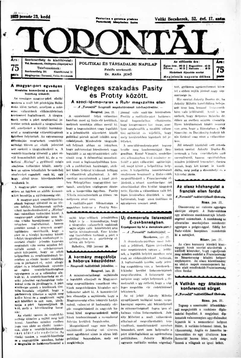 Torontál, 52. évf. 1923. január 23. 17. sz.