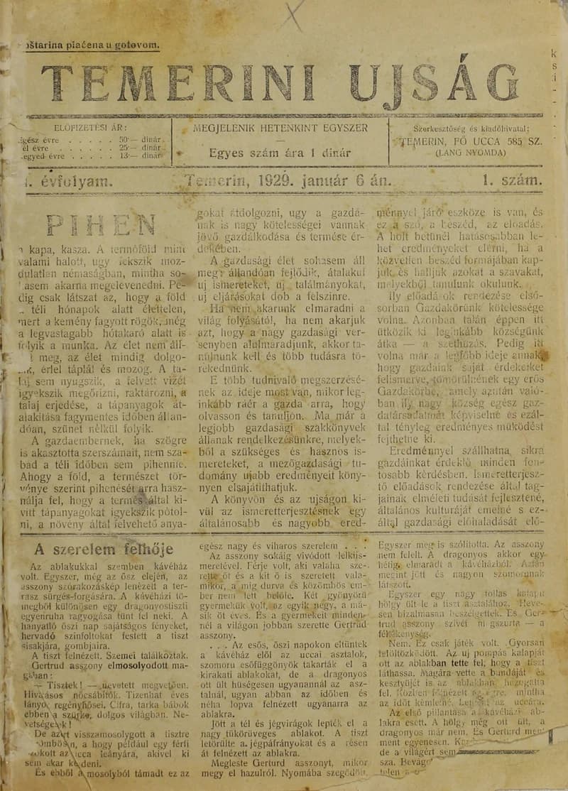 Temerini Újság 1928-1944, 2. évf. 1929. január 6. 1. sz.