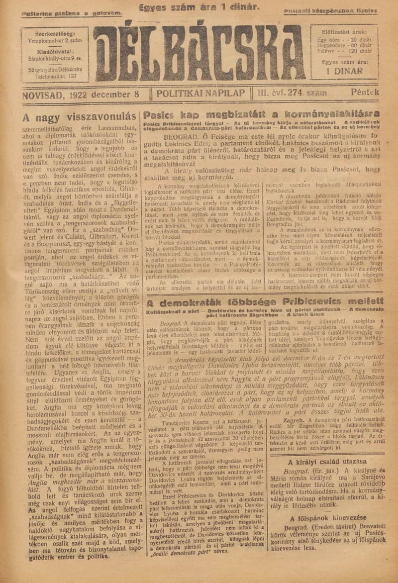 Délbácska, 3. évf. 1922. december 8. 274. sz.